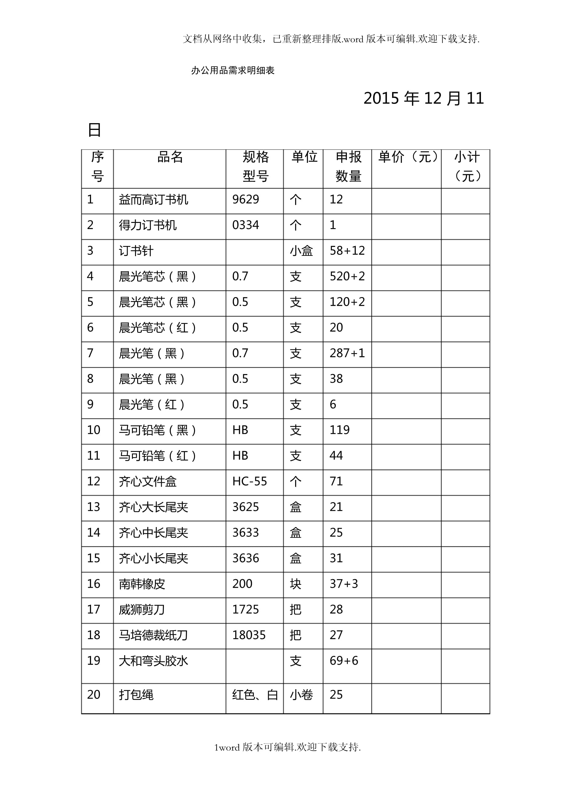 办公用品需求明细表格.docx